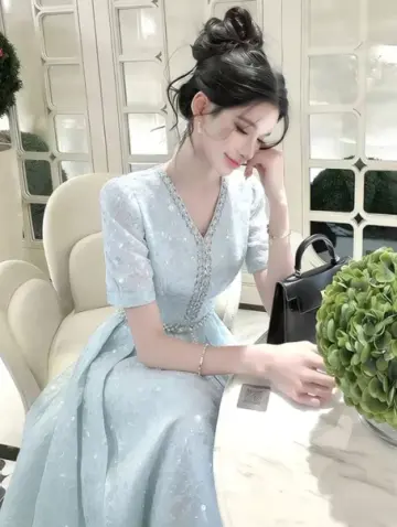 Elegant Pale Blue Beaded A-Line V-neck Corset Maxi Prom Dress Evening Dress RS534