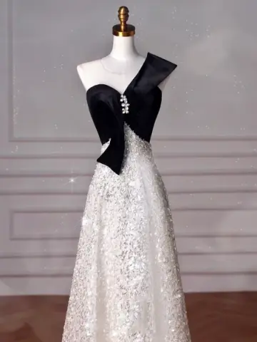 French Chic Patchwork Prom Dress ,A-Line One-shoulder Corset Glitter Evening Dress RS981