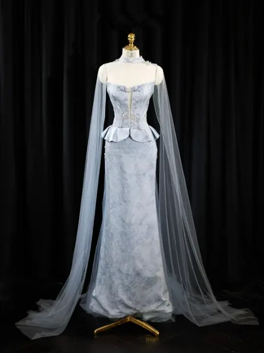 Light blue strapless fitted long ball gown R8938