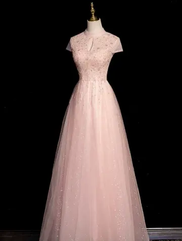 Gentle Pink Prom Gown , Sequins Romantic Tulle Corset Maxi Evening Dress Birthday Dress RS1405