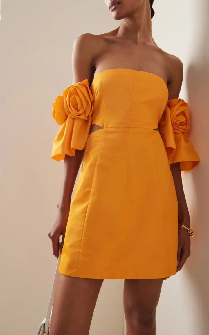 Retro yellow tube top design sleeves waist slim sexy short skirt homecoming dress R3665