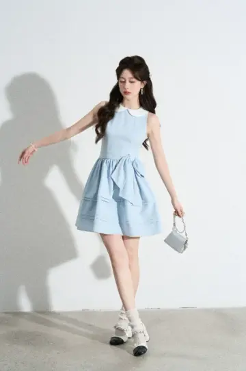 Retro Preppy Light Blue Sleeveless Dress, Peter Pan Collar with Bow Waist A-Line Mini Dress R9333