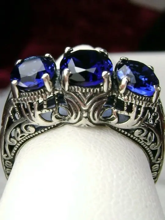 Blue Sapphire Ring, Triple Gems, Size 5, Art Deco Jewelry Design#D41 - Ready to Ship