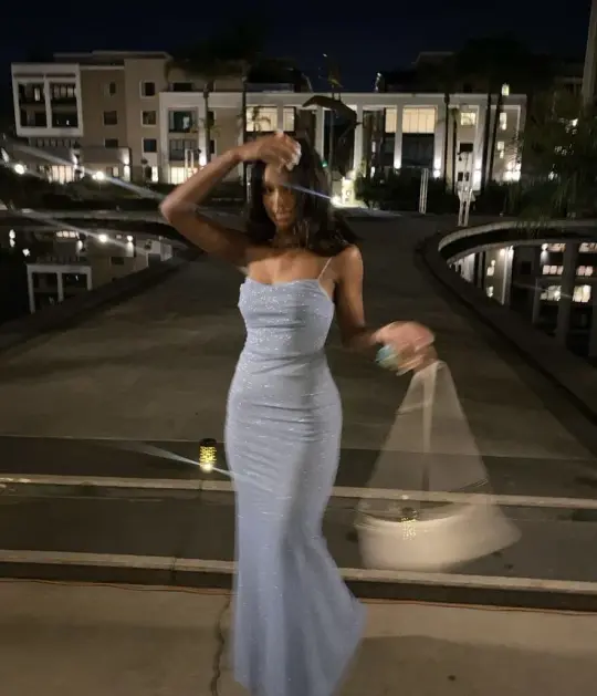 Gray strappy sequined waist slim fishtail design dress, prom dress R5380