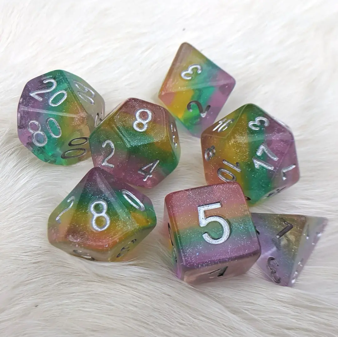 Fairy Dust Dice Set – 7-Piece Translucent Glitter Pastel Rainbow Gradient DnD