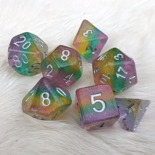 Fairy Dust Dice Set – 7-Piece Translucent Glitter Pastel Rainbow Gradient DnD