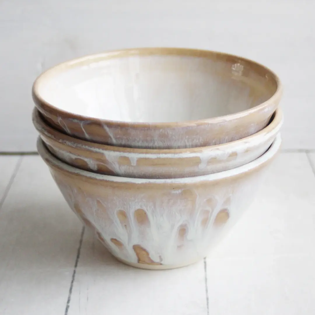 Custom Order for Nish - Three Hand Thrown Bowls in Ocher and White Glaze