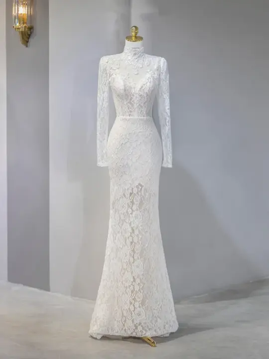 White lace round neck fitted waist sexy long ball gown/bridal dress R9041