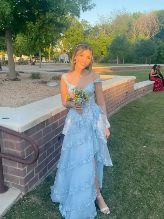 Flowy Ruffled Lace Trim Women's Prom Gown Baby Blue Waist Fitted Hi-Lo Evening Dress Birthday Dress — Fall Outfit 2026 New  RS3292