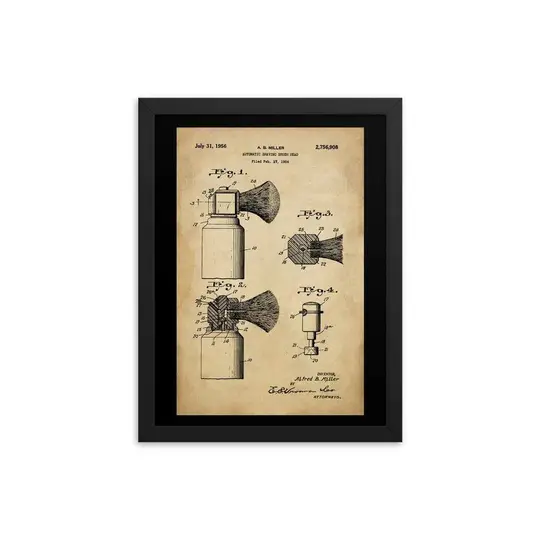Vintage Automatic Shave Brush Patent Drawing Framed Print | 1954