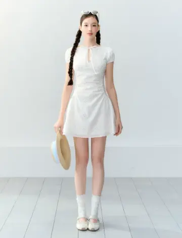 White Eyelet Embroidery Mini Dress Women With Keyhole Neck And Bow Tie Detail R9394