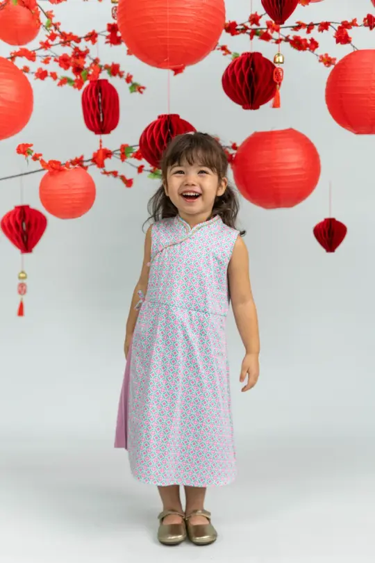Wrap Cheongsam - Pink Teal Mosaic