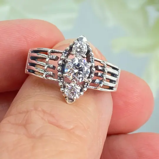 White CZ Ring, Size 7, Three Gem Sterling Silver Art Deco Ring, Xanadu D164 - Ready to Ship