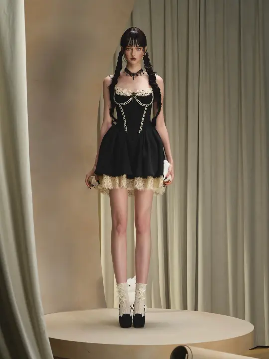 French little black dress fishbone suspender dress light dress tutu skirt R5073