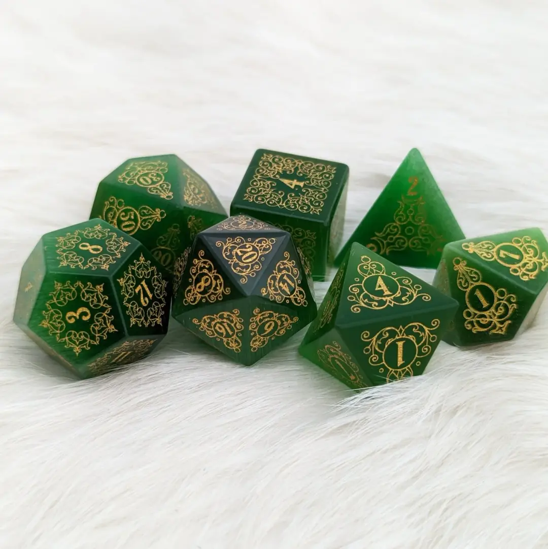 Garden Gate Green Cats Eye Gemstone Dice Set.
