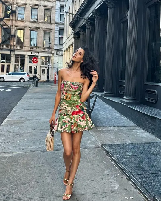 Green floral series tube top waist pleated skirt homecoming dress R3762