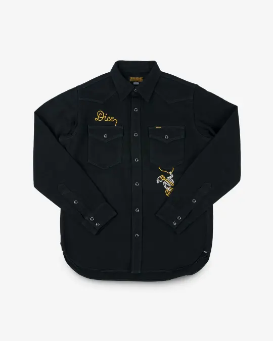 Iron Heart x DicE 12oz Selvedge Denim Embroidered Western Shirt "The Johnny Cash III" - Superblack