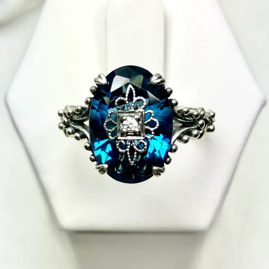 London Blue Ring, Size 4, Sterling Silver Embellishment, Gothic Jewelry #D113e - Ready to Ship