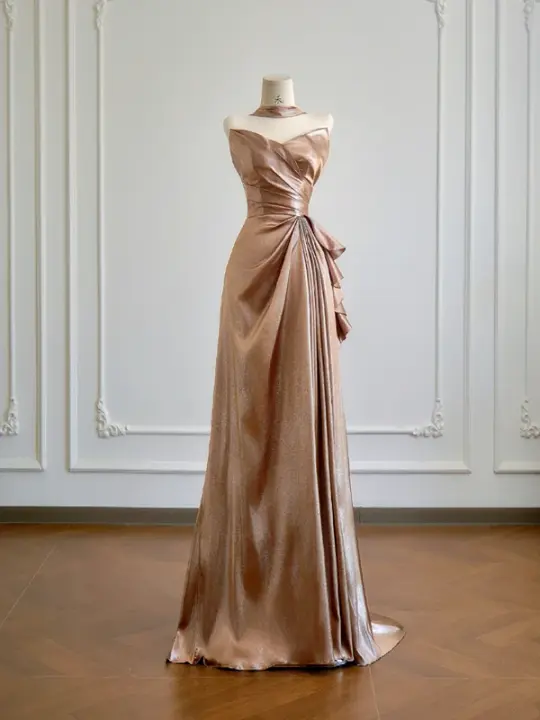 Brown strapless fitted waist elegant satin long ball gown R8166