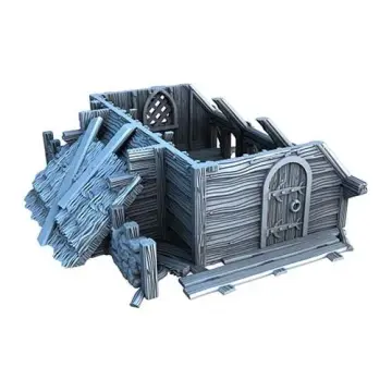 Unpainted 28mm 3D-printed collapsed house ruin with fallen roof — tabletop RPG terrain for D&D, Pathfinder & wargaming