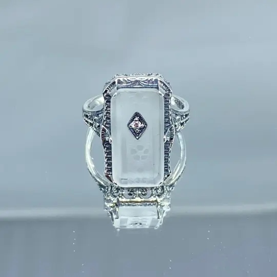 Frosted Camphor Glass Ring, Size 8, Diamond Inset, 1915 Vintage style, Edwardian Jewelry #D232 - Ready to Ship