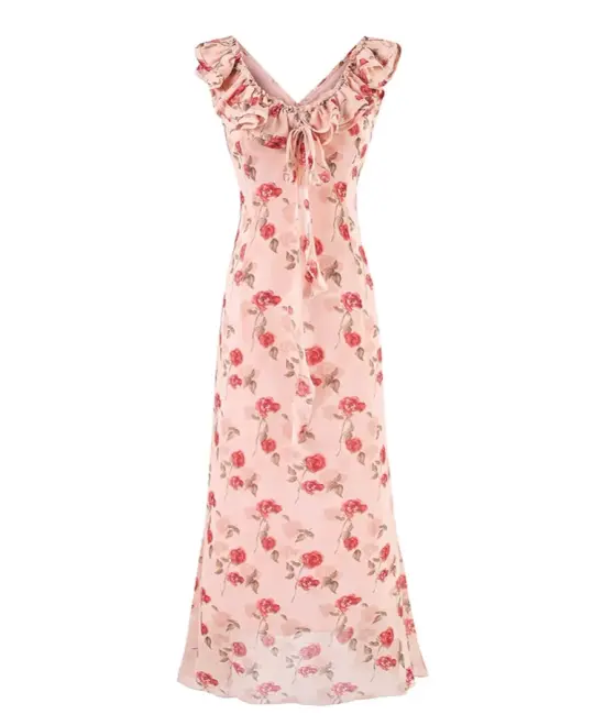 French retro pink printed dress 2025 new waist tea break long dress R2598