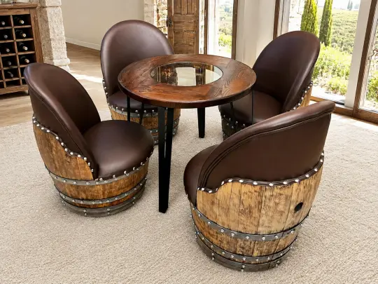 Whiskey & Wine Barrel Steel-Leg Table Set — 4 Chairs, Modern Build