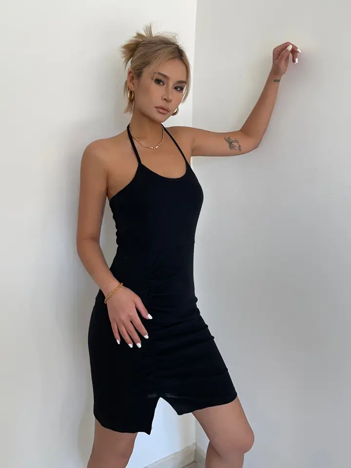 Hot girl style halter neck straps pleated slit slim suspender skirt holiday style hip skirt dress R3086