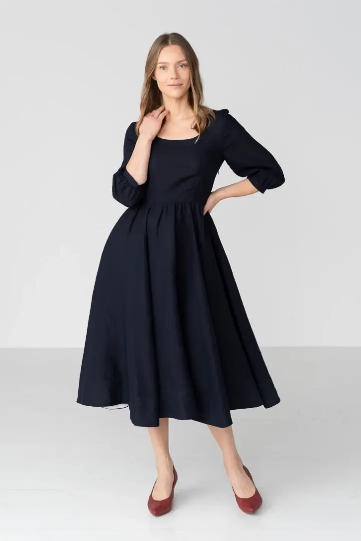 Carmen – Puff Sleeve Linen Midi Dress