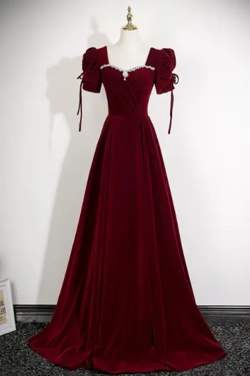 French Chic Burgundy Beaded A-Line Square Corset Maxi Prom Dress Evening Dress RS408