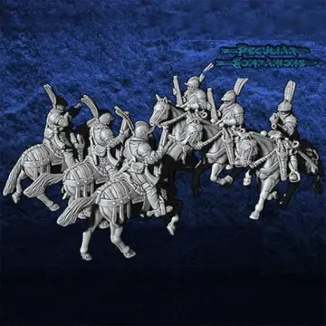 Unpainted 28mm 3D-printed reiters with carbines, 3 cavalry miniatures — tabletop miniatures for historical wargaming, D&D & Pathfinder