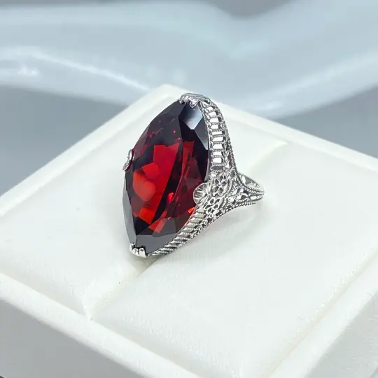 Garnet Ring, Size 8, CZ Marquise Gem, Victorian Palisade Filigree Jewelry #D39 - Ready to Ship