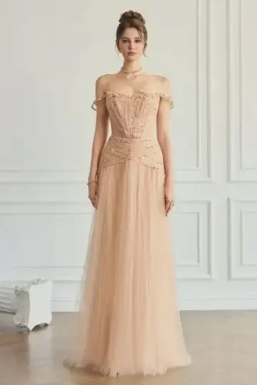 Embroidered Tulle Hazy Corset Prom Gown , French Chic Champagne Maxi Evening Dress RS1918