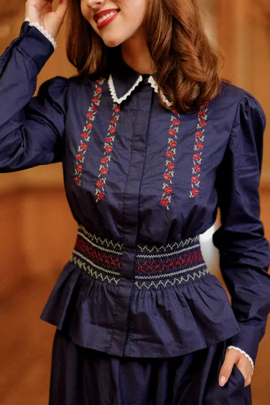 Bluebell Top in Sapphire Rosette Embroidery