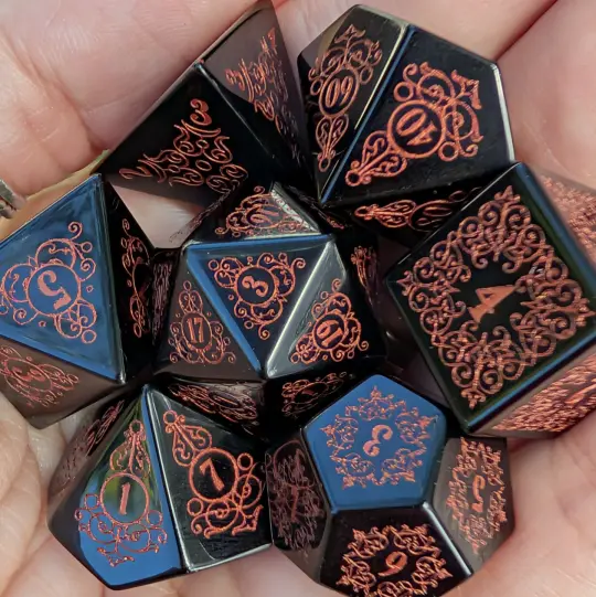 Garden Gate Obsidian Gemstone Dice Set with Copper Font | Fennek & Finch