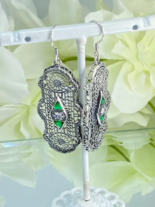 Emerald Earrings, Art Deco 1930's Filigree E60 - Ready to Ship
