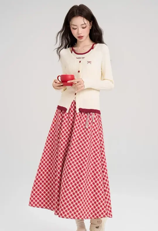 Gentle style knitted cardigan top skirt new style age-reducing outfit R2397