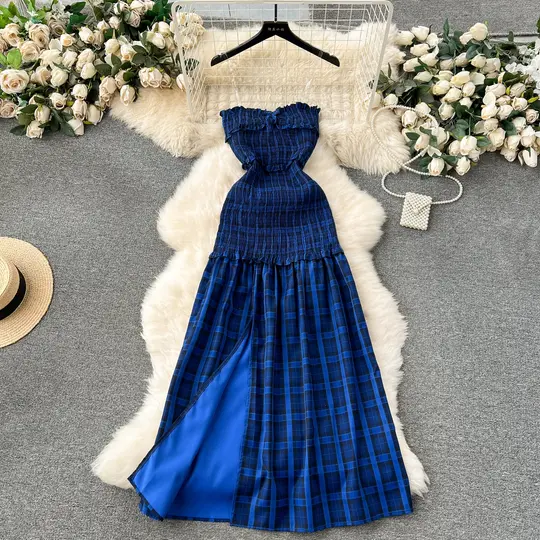Sexy tube top plaid skirt sweet wood ear edge elastic slim long slit dress R2330