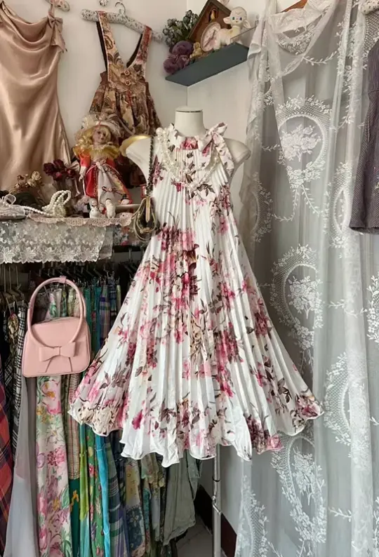 Cute pink floral halter neck sleeveless short prom dress R7833