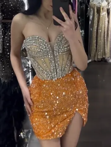 White diamond top and yellow hip sexy short skirt homecoming dress R5484