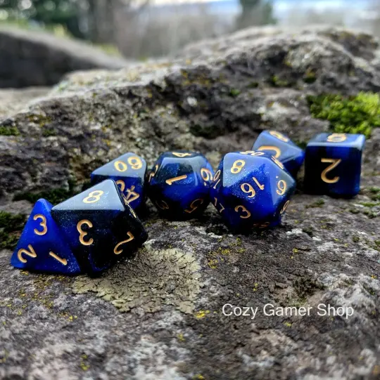 Dark Orb Dice Set – 7-Piece Semi-Transparent Black Blue Glitter Polyhedral