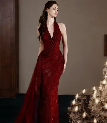 Elegant Burgundy Sequins Prom Dress ,Mermaid Halter Glitter Bodycon Maxi Evening Dress RS1138