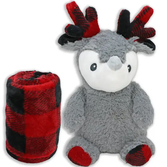 Jesse & Lulu Baby Boys and Girls Check Blanket with Reindeer Plush Toy
