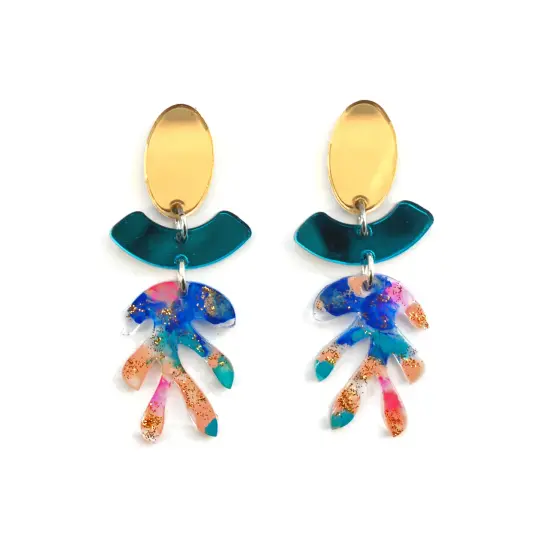 Abstract Art Blue and Gold Glitter Leaf Earrings, Laser Cut Acrylic Jewelry