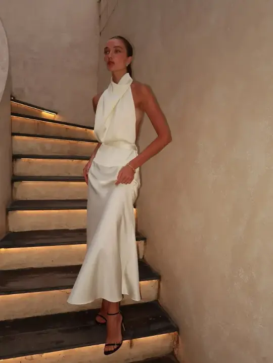 Silky Satin Bodycon Prom Gown , Elegant White Maxi Evening Dress RS1909