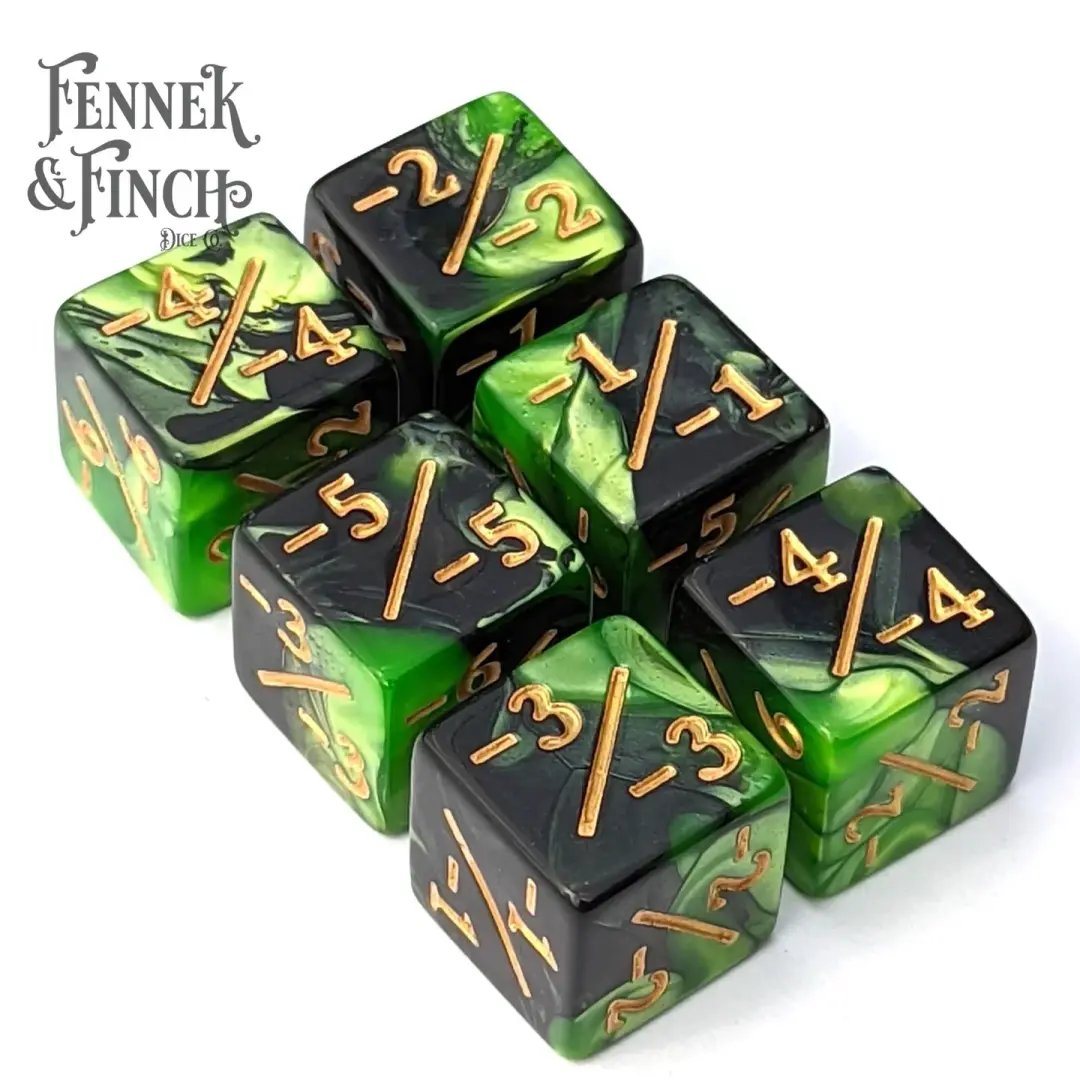 Poison D6 Negative Counter Dice Set – 6-Piece Pearly Green Black Dice