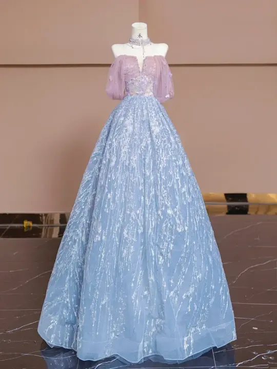 Light pink off-the-shoulder, fitted waist, long ball gown with light blue skirt; bridal gown R8351