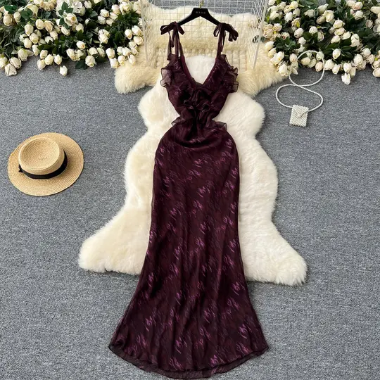 Elegant dress design V-neck ruffled halter neck tie waist slimming printed chiffon dress R2284