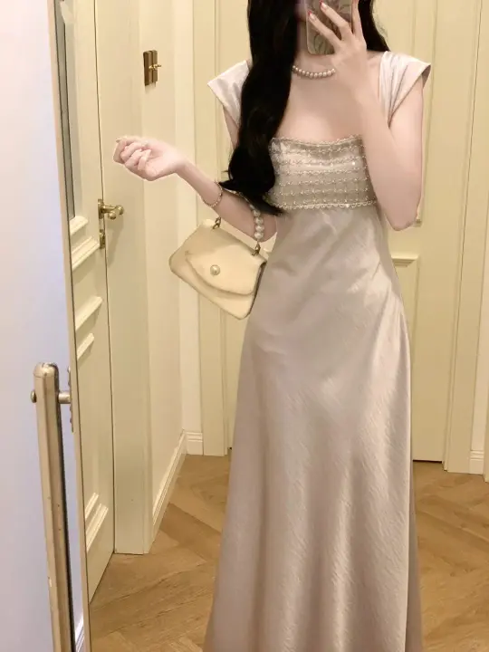 French Elegant Square Neck Satin Slip Dress R9124