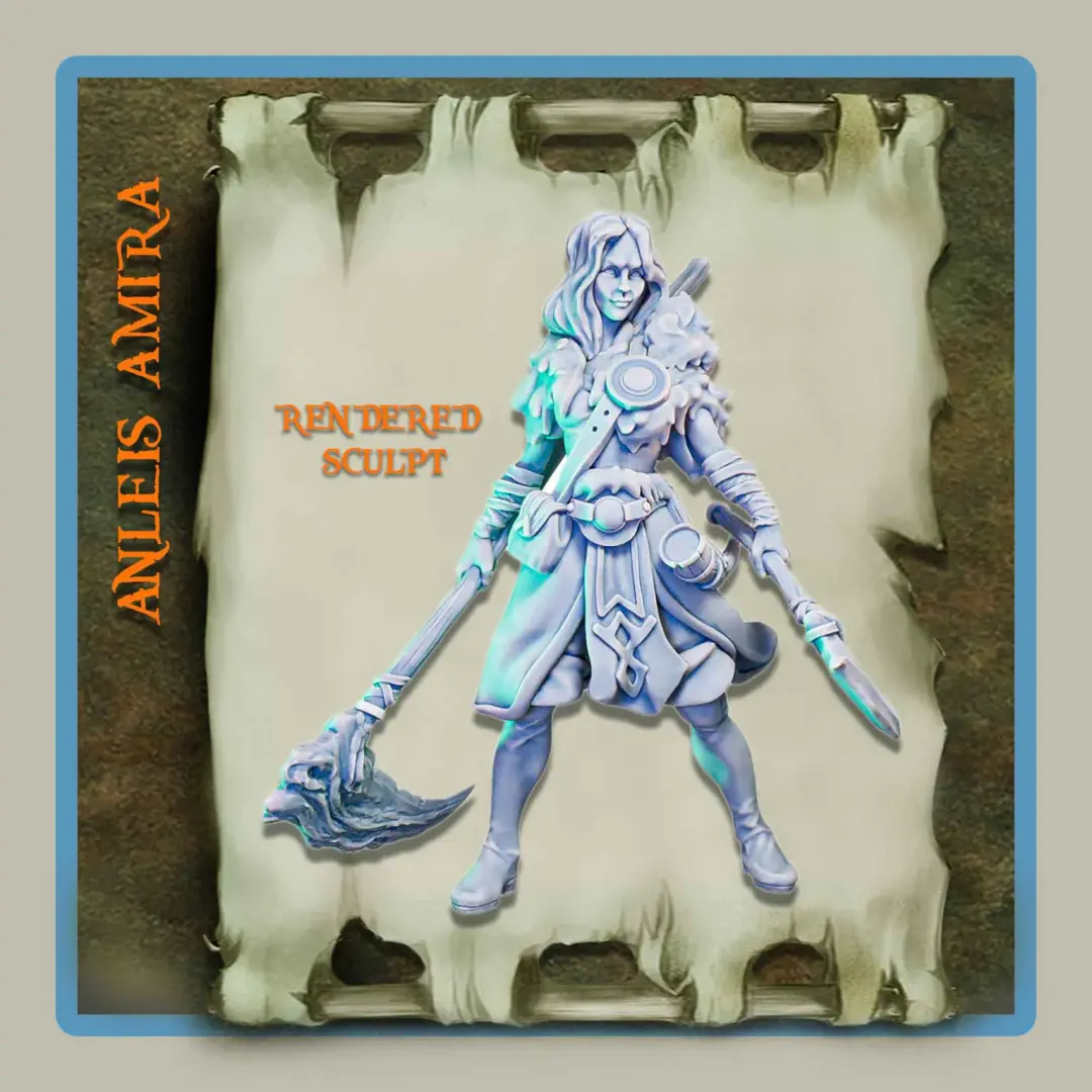 Render of 28mm barbarian miniature Anleis Amira